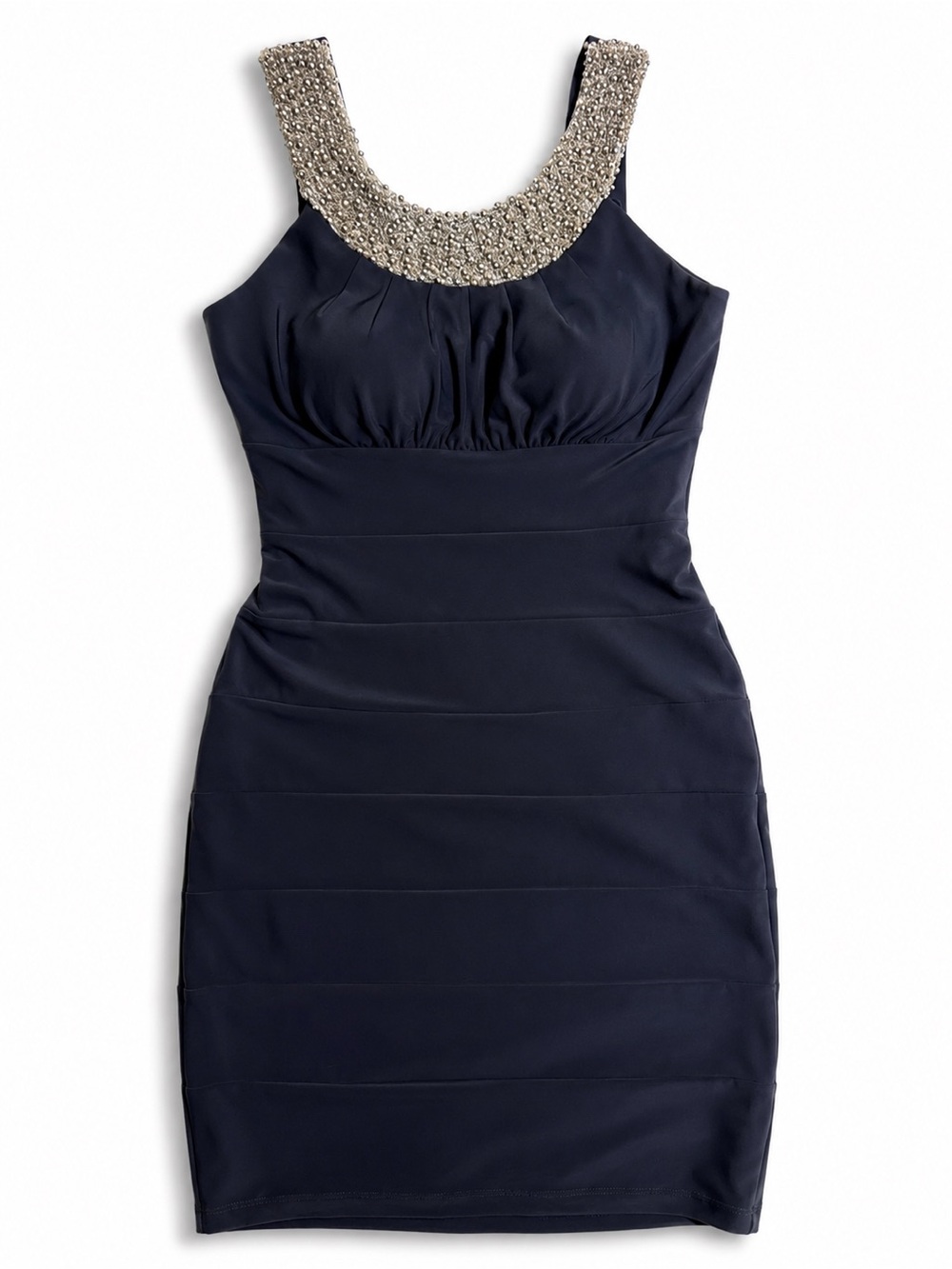 Y2K Cachet Black Beaded Bodycon Cocktail Dress M Stretch Party Glam Mob Wife